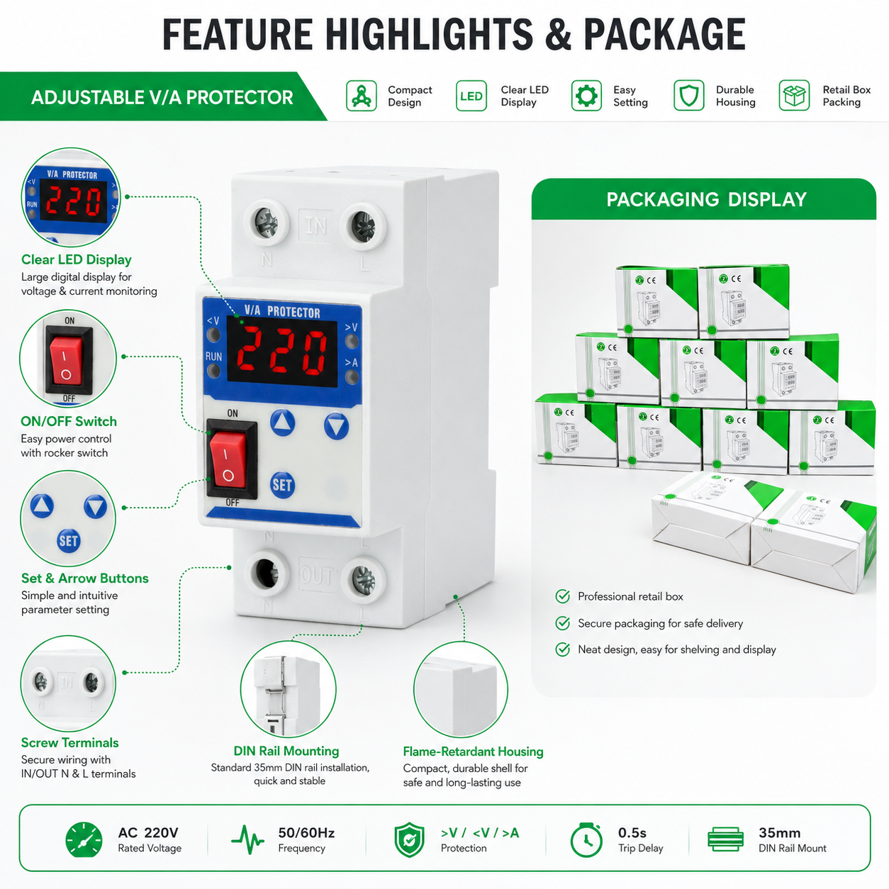 DC/AC Adjustable 63A Single Phase 230V 50Hz 220V Output AVR Digital Display Over and Under Voltage Protector for TND Usage