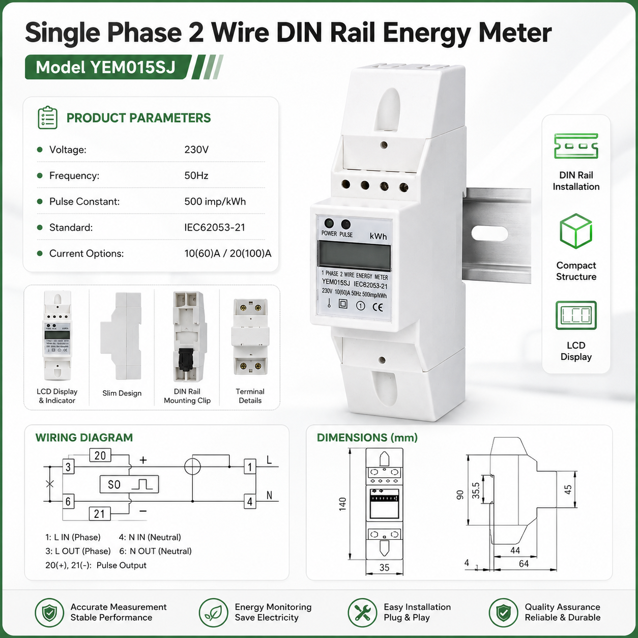 New Type Lcd Display and Pulse Output 35mm Standard DIN Rail Active Electric Single Phase 2P Din Rail Digital Energy Meter